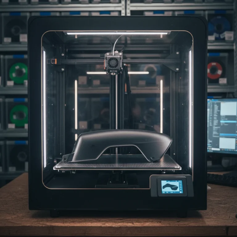 Step 3: A high-precision 3D printer creating the re-engineered 3d printed motorcycle parts from the digital design.