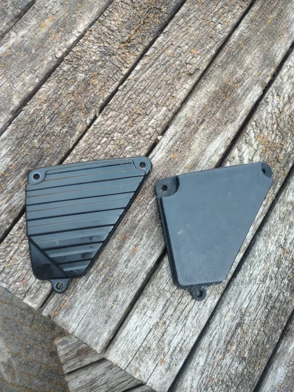 Side-by-side comparison of the factory Honda OEM airbox lid and the R3print Moto 3D printed alternative