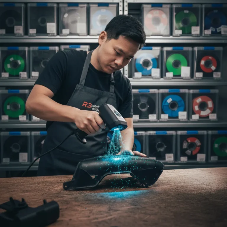 Step 1 of the R3print Moto process: Digital capture of a requested classic part using precision 3D scanning technology.
