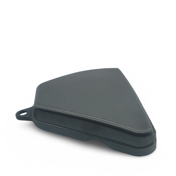 Angled 3D perspective of the Honda CB400F left side cover replica (83700-377-000) showcasing the contoured ASA surface and factory-correct curvature for classic restoration.