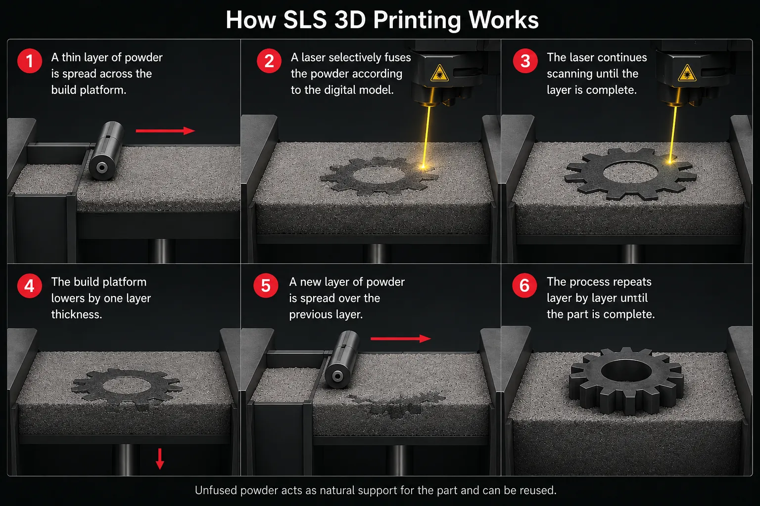 Infographic showing the 6-step SLS 3D printing process, from powder spreading and laser sintering to the final cooling of a motorcycle gear component