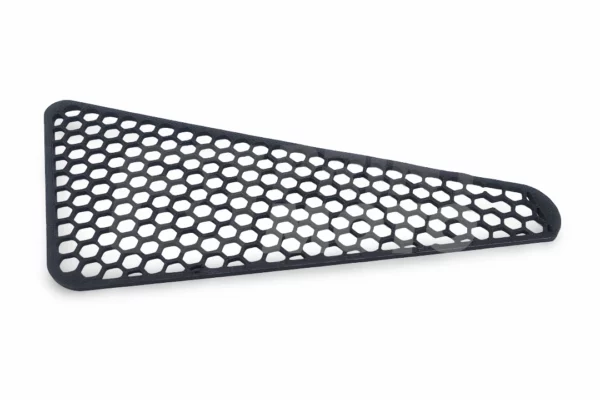 radiator-shroud-mesh-guard-49089-5027-6b-bottom-view Bottom view displaying mounting tabs on Kawasaki KLR650 left radiator shroud mesh insert
