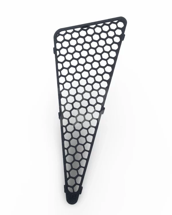 Top view showing honeycomb mesh pattern on 3D printed ASA coolant reservoir guard for Kawasaki KLR650